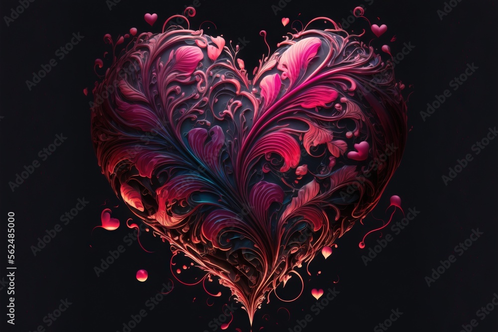 Poster a heart shaped object with a black background and a red and blue swirl pattern on the center of the 