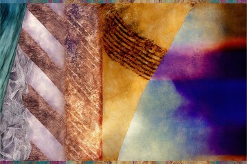  a painting of a stack of folded papers and a piece of cloth with a bead on it and a piece of cloth with a bead edge on it, and a background of fabric with a. Generative AI - obrazy, fototapety, plakaty