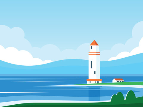 A lighthouse stands on the seashore amid a blue landscape. Vector graphics