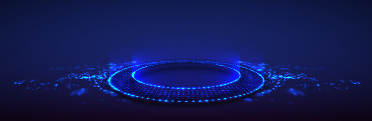 Futuristic technology podium. Neon glowing ring on floor made of particles with dept of field for gaming product presentetion. Round pedestal on dark blue background. Futuristic product stand template - obrazy, fototapety, plakaty