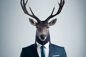 Isolated portrait of a deer in a man's body wearing a suit and tie - Generated by Generative AI