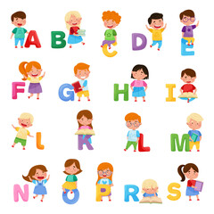 Cheerful Kids and Big Alphabet Letters Vector Set