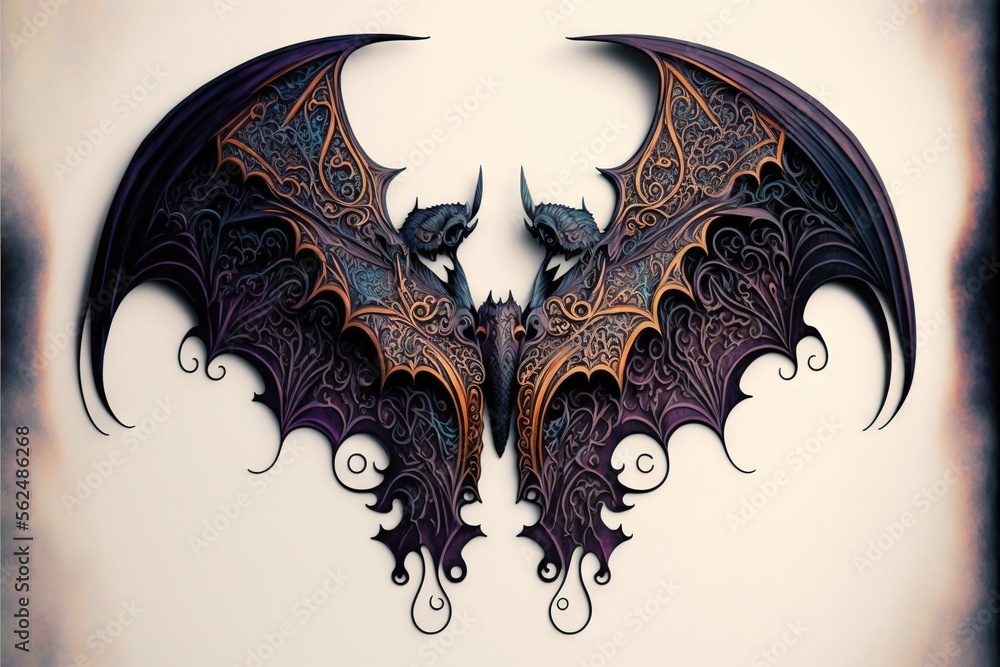 Poster a bat with intricate designs on it's wings is shown in a frame with a white background and a black b