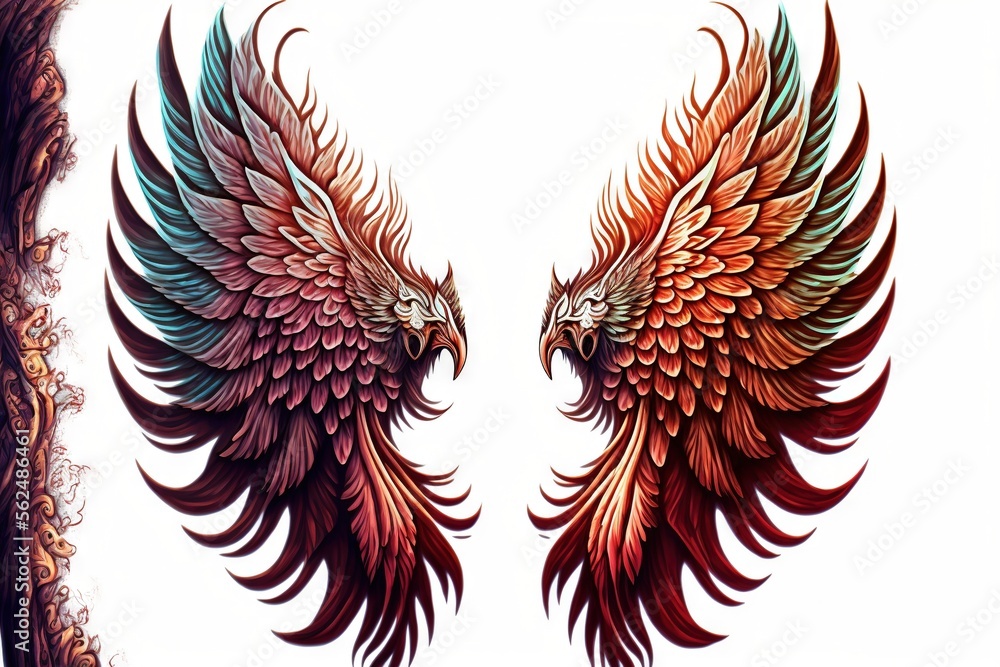 Poster a drawing of two colorful wings on a white background with a border around it and a border around th