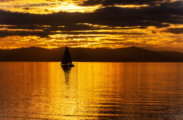 A Sailing boat in  Lindau at the Lake Constance in Bavaria, Germany, Europe