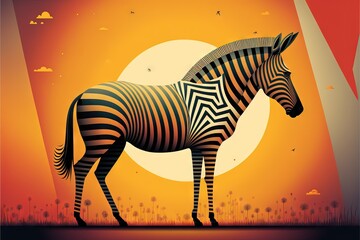 Fototapeta na wymiar a zebra standing in front of a sunset with a sky background and clouds in the background, with a sun setting behind it, and a silhouette of a zebra, with a red and yellow. Generative AI