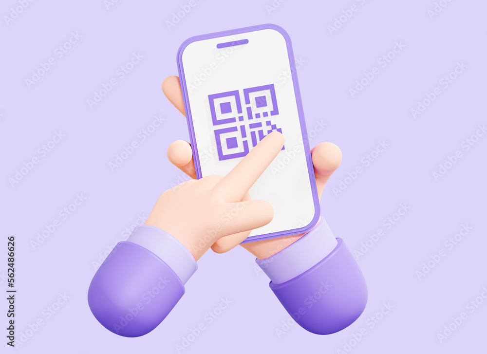 Poster 3d qr code on mobile phone screen. hand holding smartphone with scan. scanner app for payment. ident