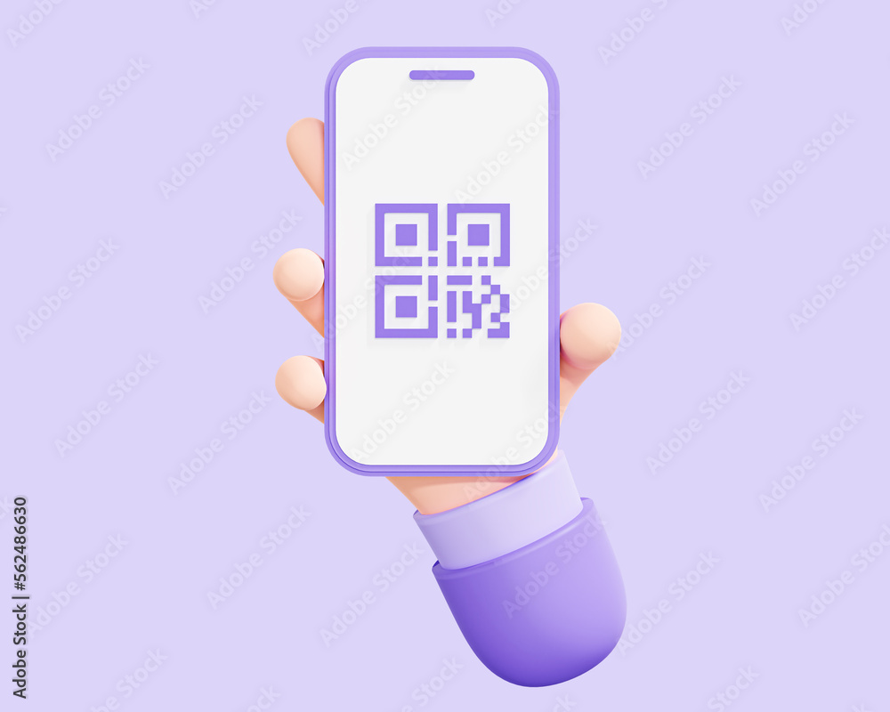 Poster 3d qr code on mobile phone screen. hand holding smartphone with scan. scanner app for payment. ident