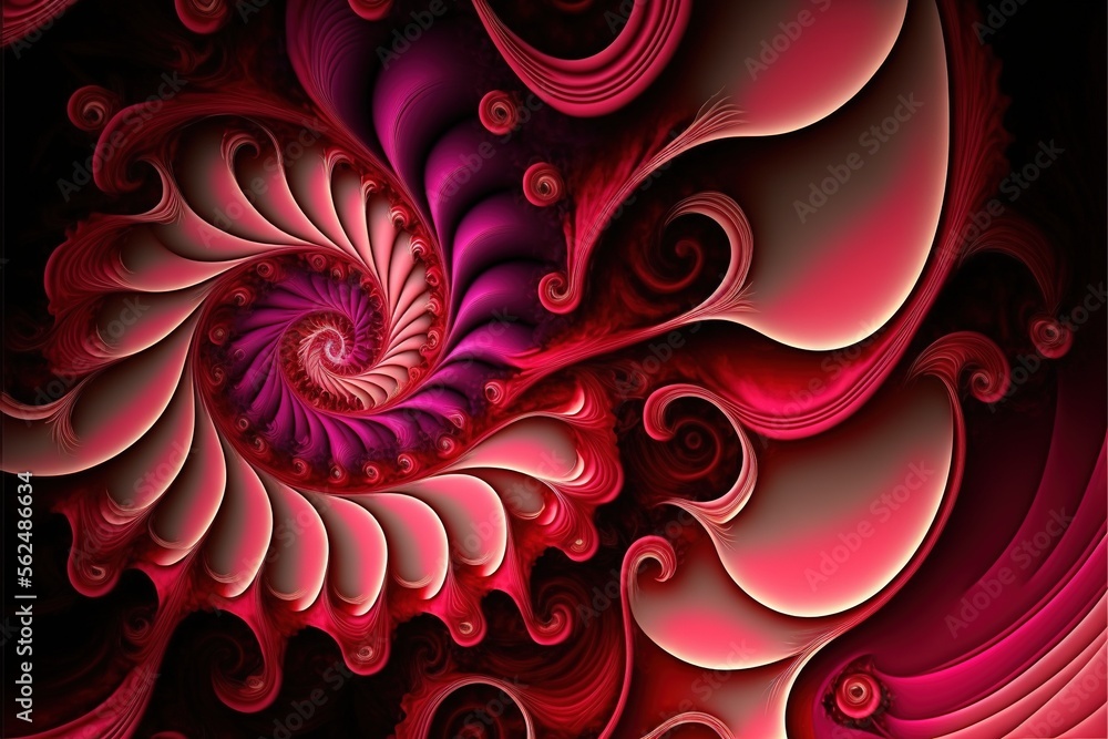 Poster a computer generated image of a spiral design in pink and purple colors with a black background and 