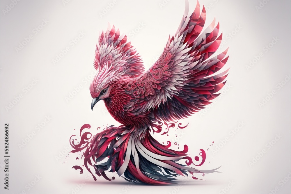 Poster a bird with red and white feathers and a tail is flying in the air with its wings spread out and spr