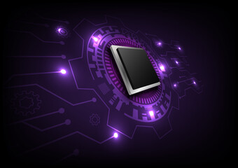 Abstract background hi tech 3d microchip perspective Tech circle with isometric angle The point of light illuminates the circuit below with cog and elements on purple gradient background