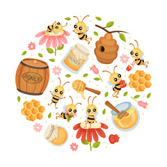 Cute Honey Bee Round Composition Design with Busy Insect and Natural Sweet Food Vector Template