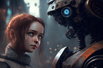 A beautiful girl with a futuristic robot, generative ai