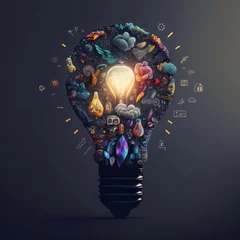 Foto op Plexiglas Lightbulb illustration with learning icons for study knowledge to creative thinking idea and problem solving solution concept, ai generated, ideas © Ivonita