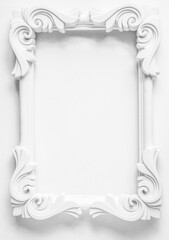 White wood frame isolated on white background. Decorative frame for paintings or photos. Handcrafted illustration with classic antique framework.