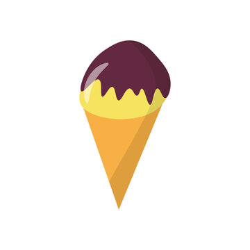 Vector image of an ice cream cone in chocolate icing in flat style