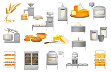 Bread and Cheese Production with Industrial Equipment and Ready Product Vector Set