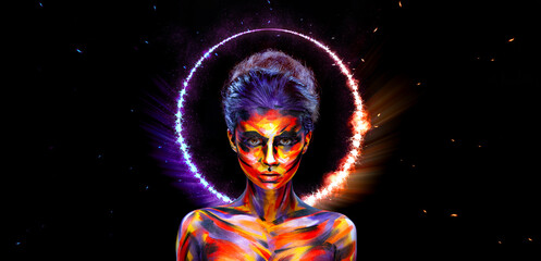 A girl in a glowing neon circle. Woman in color body painting on her face. Cover art for your mixtape, video, song or podcast. Design for book cover.