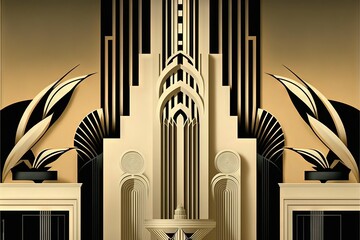  a very artistic art deco style picture of a building with a clock on it's side and a clock on the front of the building with a clock on the side of the building. Generative AI
