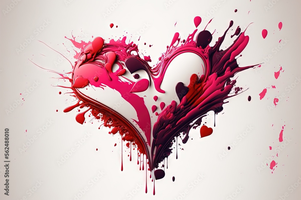 Poster a heart shaped object with paint splatters on it's sides and a face painted on the inside of it's he