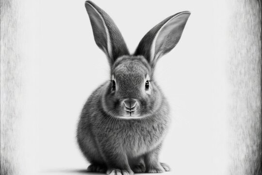  a black and white photo of a rabbit sitting down with its ears up and eyes closed, looking straight ahead, with a white background of a white background with a black border and white. Generative AI
