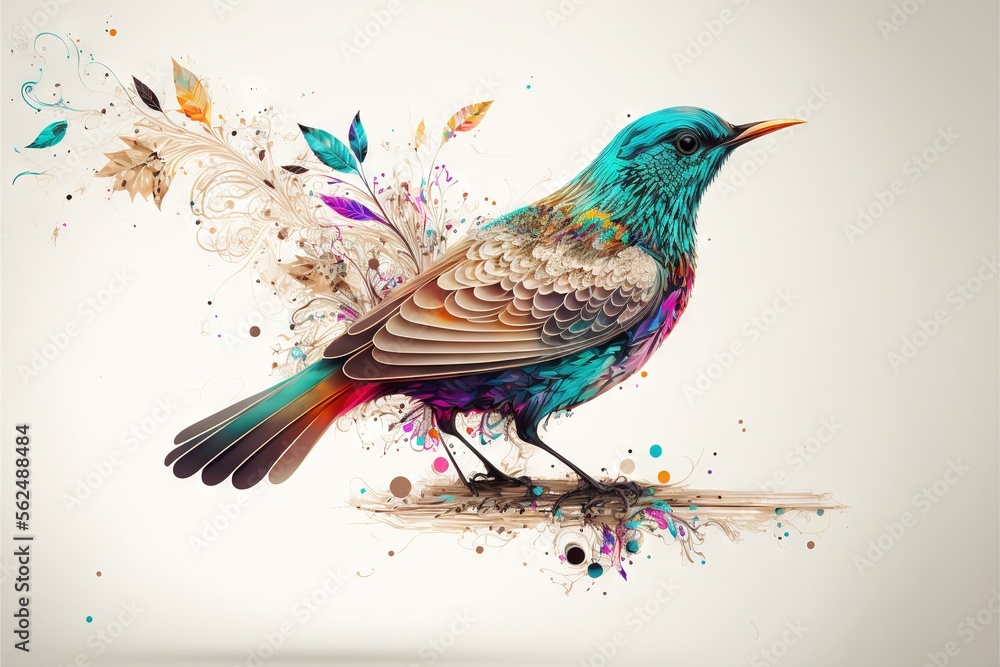 Poster a colorful bird with feathers and feathers on it's back legs and wings, sitting on a branch with a w
