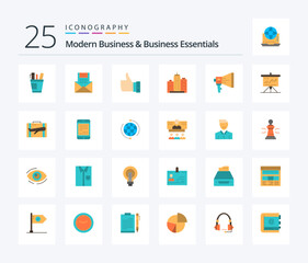 Modern Business And Business Essentials 25 Flat Color icon pack including hand. finger. communication. like. mail