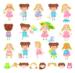 Little Girl Character Doing Different Activity with Various Hairstyle Vector Set