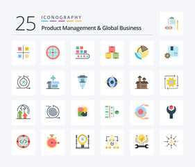 Product Managment And Global Business 25 Flat Color icon pack including production. industry. operation. production. management