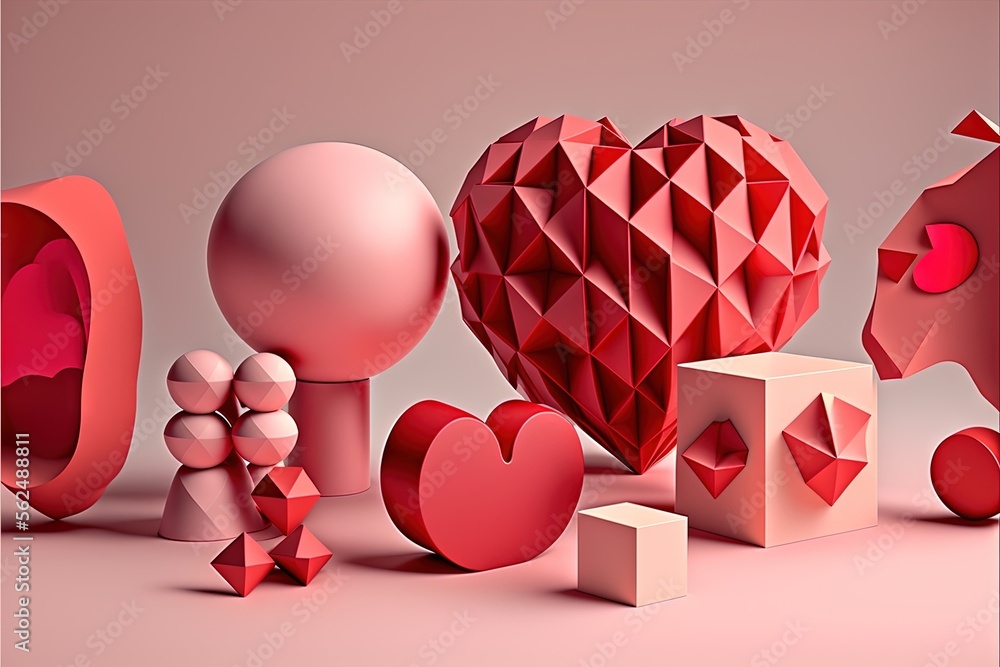 Poster a group of different shapes and sizes of hearts and cubes on a pink background with a pink backgroun