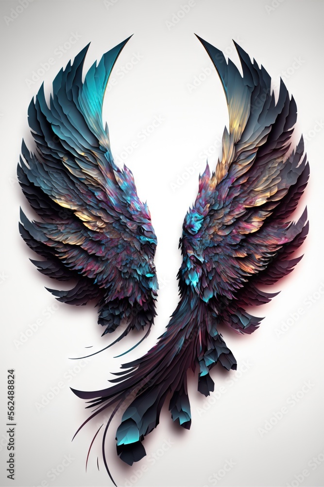 Poster a large bird with colorful wings on a white background with a shadow of its wing spread out to the s