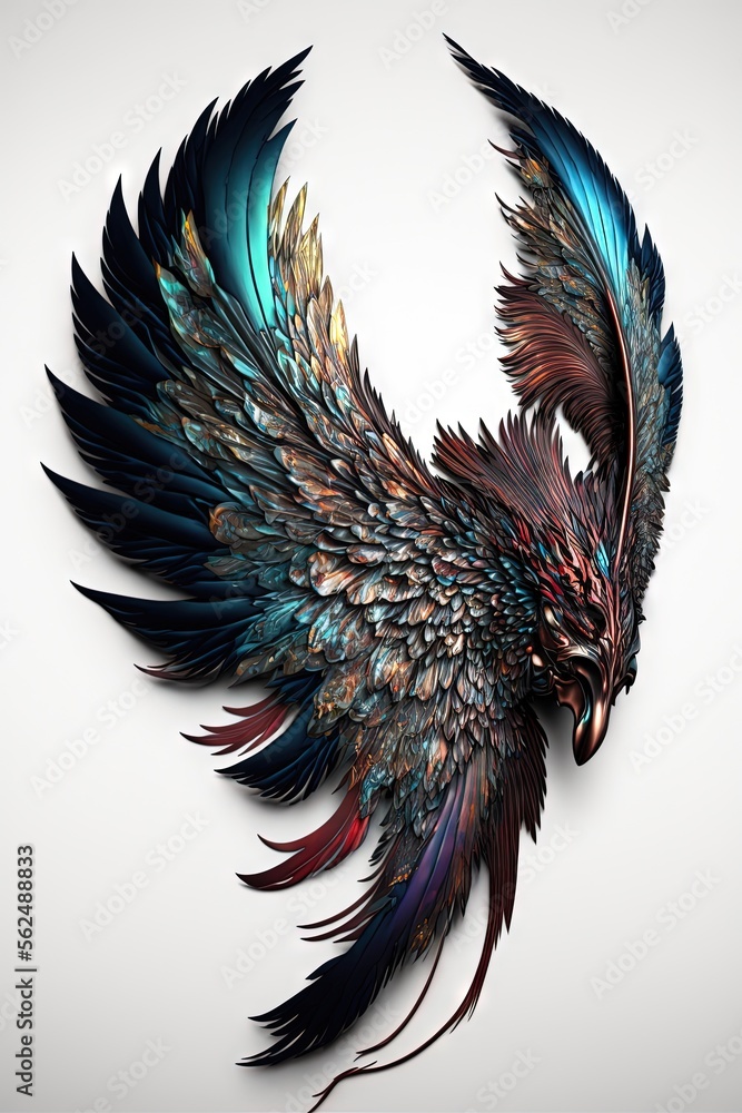 Poster a colorful bird with wings spread out on a white background with a shadow of its wing spread out to 