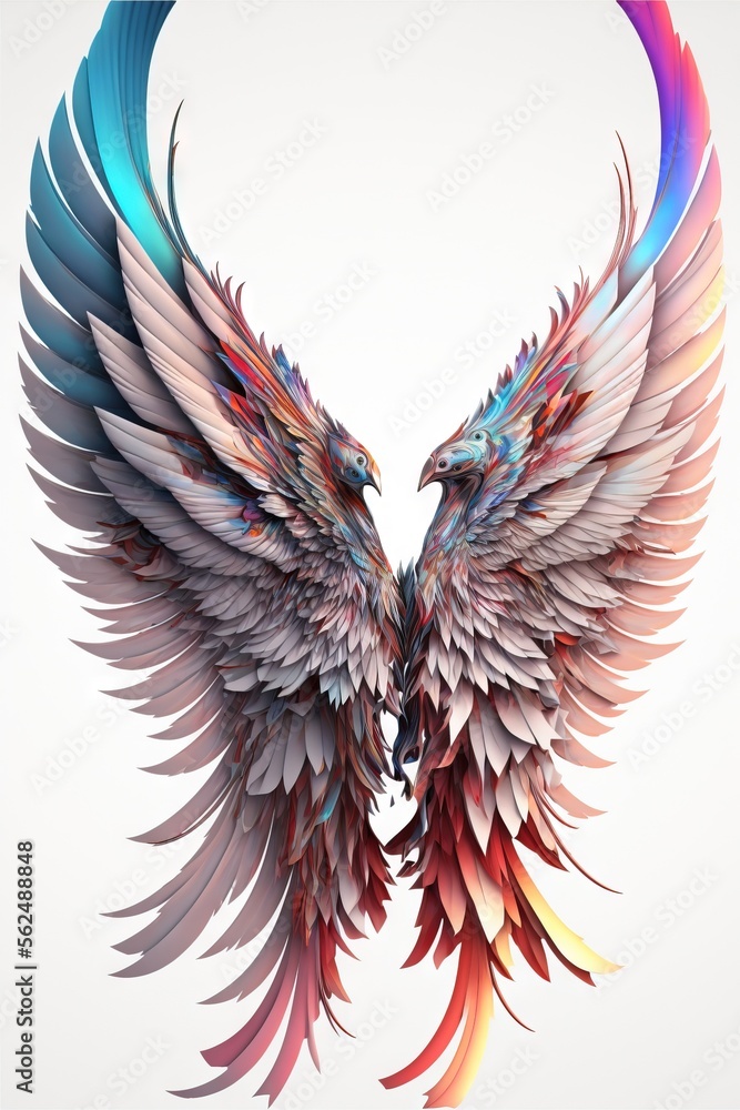 Poster a colorful bird with wings spread out in the air with a white background behind it and a circular fr