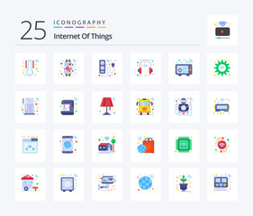 Internet Of Things 25 Flat Color icon pack including connect. headphone. device. head. device