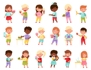 Kid Characters Showing Likes and Dislikes Towards Different Food Vector Illustration Set