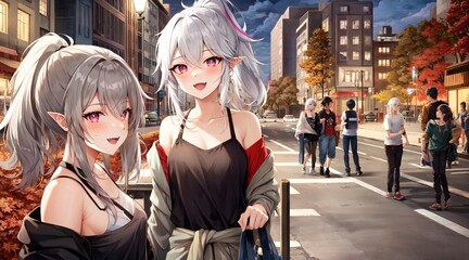 two elf girls with pointy ears wearing streetwear walking in a city street in autumn
