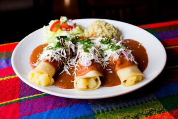 Flautilla mejicana. Mexican snacks with mole sauce.