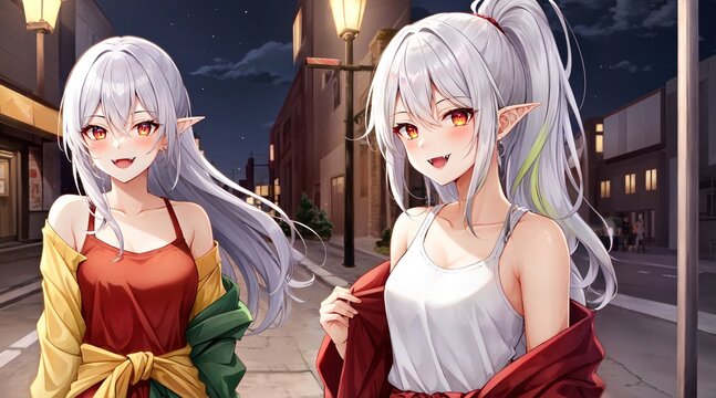 two elf girls with pointy ears wearing streetwear walking in a city street in autumn
