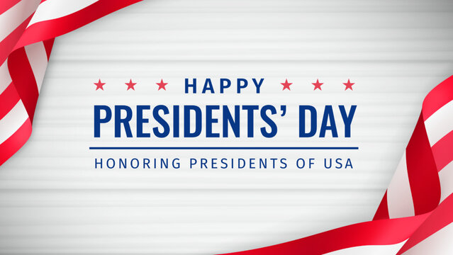Happy Presidents Day. Honoring Presidents of USA. US National Holiday on the 3rd Monday of February. Greeting card with text and U.S. flag with folds on white wooden background. 3d Vector illustration