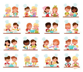 Smiling Boy and Girl Wearing Toque and Apron at Table Cooking Vector Illustration Set