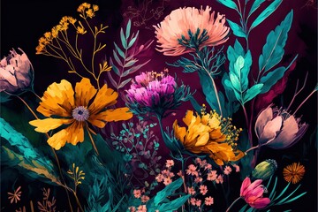  a painting of flowers and plants on a dark background with a black background and a purple background with a black border and a black border with a black border with a red border. Generative AI
