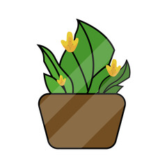 Vector icon of flower pot with green leaves. Green leaf icon with flowers on it. Abstraction of branches and leaves.