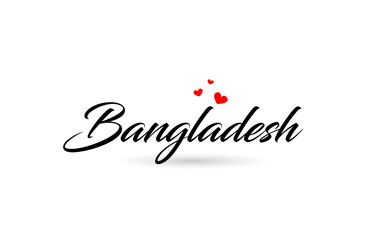 Bangladesh name country word with three red love heart. Creative typography logo icon design
