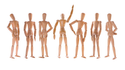Staying in different poses wooden dummies set. One pointer and several observers isolated png with transparency - Powered by Adobe