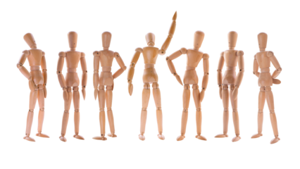 Staying in different poses wooden dummies set. One pointer and several observers isolated png with transparency