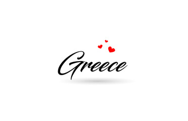 Greece name country word with three red love heart. Creative typography logo icon design