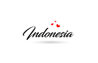 Indonesia name country word with three red love heart. Creative typography logo icon design