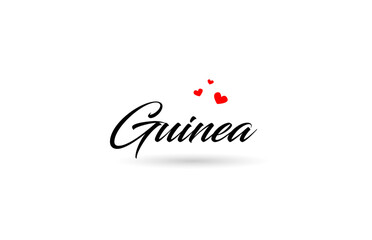 Guinea name country word with three red love heart. Creative typography logo icon design
