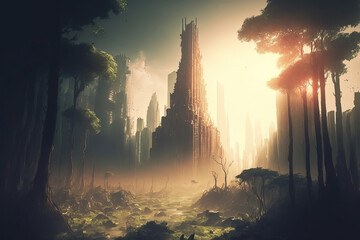 Post apocalypse city street overlooking tall destroyed buildings and surrounded by forest. Trees and bushes.