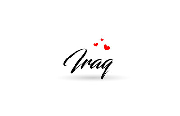 Iraq name country word with three red love heart. Creative typography logo icon design